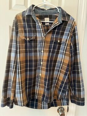GAP Navy Blue Tan Plaid Button-Down Shirt mens GUC large
